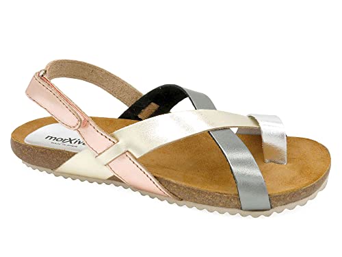 Morxiva Damen Sandalen Leder Sommerschuhe Korksohle Echtleder Fußbett Klettverschluss Sandaletten flach offen Silber Größe 37 EU von Morxiva