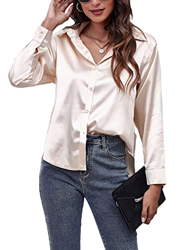 Morydal Bluse Damen Lässiges Hemd mit V-Ausschnitt Lockere Einfarbig Seidenhemd Langarmshirt Oberteil Elegant Satin Hemd mit Knopf Champagnerfarben L von Morydal