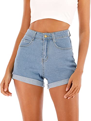 Morydal Damen Denim Shorts Hohe Taille Hot Pants Einfarbig Kurze Jeans Gerollter Saum Knopfleiste Hosen Sommer Mode Shorts mit Tasche, hellblau, S von Morydal