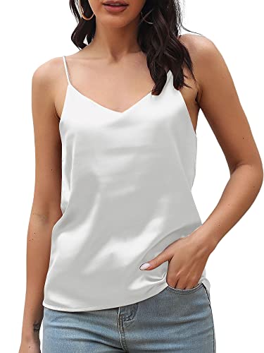 Morydal Damen Sexy Seide Satin Weste Rückenfrei Tank Top Damen Camisole T-Shirt Bluse Weste Top Unterhemd mit Spaghettiträger Basic Layering Tank Tops, weiß, Large von Morydal