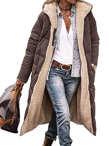 Morydal Damen Sherpa -Mantel Einfarbig Mäntel Lange Ärmel Fleecejacke Bequem Oberbekleidung Frauen Mit Kapuze Urlaub Kaffee XL von Morydal