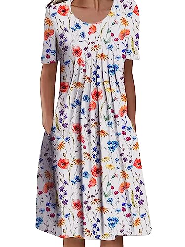 Morydal Damen Sommerkleid Knielang Kurzarm Rundhals Midi Kleider A Linie Kleid Elegant Blumendruck Midikleid Partykleid Strandkleider Freizeitkleid von Morydal