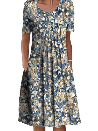 Morydal Damen Sommerkleid Knielang Kurzarm Rundhals Midi Kleider A Linie Kleid Elegant Blumendruck Midikleid Partykleid Strandkleider Freizeitkleid von Morydal