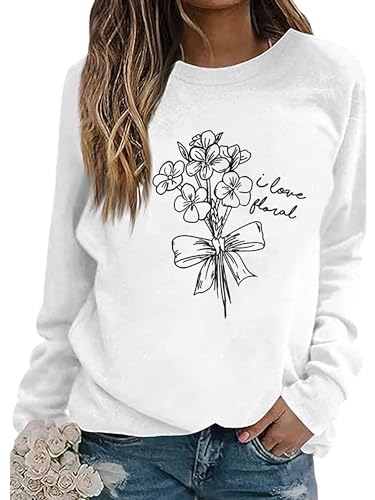 Morydal Damen Sweatshirts Blumenmuster Langarmshirt Rundhals Sweatshirts Pullover Statement Edition Langarm Shirt Women Weiß M von Morydal