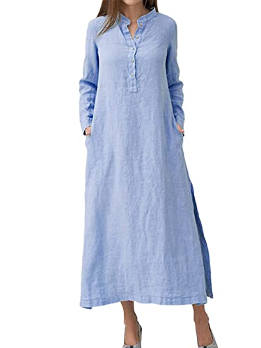 Morydal Langärmeliges Maxikleid für Damen, Kaftan, Baumwolle, Leinen, einfarbig, Casaul, Übergröße, lange Kleider, himmelblau, XX-Large von Morydal