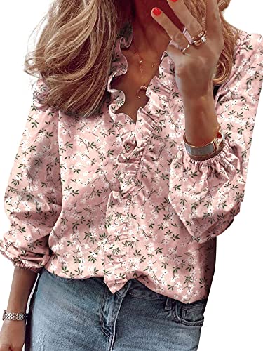 Morydal Rüschenbluse für Damen V-Ausschnitt Hemdbluse Langarm Bedruckte Hemden Damen Elegant Hemd Büro Arbeit Blusen, rose, Large von Morydal