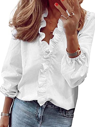 Morydal Rüschenbluse für Damen V-Ausschnitt Hemdbluse Langarm Bedruckte Hemden Damen Elegant Hemd Büro Arbeit Blusen, weiß, Large von Morydal
