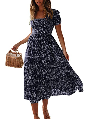 Morydal Sommerkleid Damen Kurzarm High Waist Midikleid Elegant Polka Dot Kleid Vintage Kleider Strandkleid Freizeitkleid Partykleid Sommer Strand Dress Dunkelblau XL von Morydal