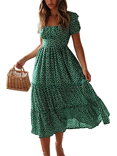 Morydal Sommerkleid Damen Kurzarm High Waist Midikleid Elegant Polka Dot Kleid Vintage Kleider Strandkleid Freizeitkleid Partykleid Sommer Strand Dress Grün S von Morydal