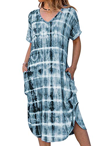 Morydal Sommerkleider für Frauen Casual Bohemian V Ausschnitt Midi Kleid Split Kurzarm Tie Dye Boho Strand Sommerkleid mit Tasche, himmelblau, X-Large von Morydal