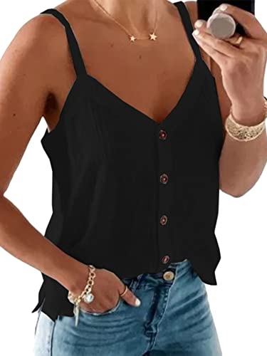 Morydal Weste Tops Damen Sommer Camisole Top Knopf V Ausschnitt Tank Top Casual Lose Spaghetti Träger Westen Ärmellos Cami Tops, Schwarz , Small von Morydal