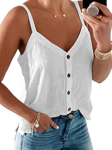 Morydal Weste Tops Damen Sommer Camisole Top Knopf V-Ausschnitt Tank Top Casual Lose Spaghetti Träger Westen Ärmellos Cami Tops, weiß, M von Morydal