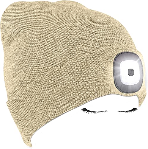 Morye LED Mütze mit Licht, Laufmütze Herren Damen Kappe Lampe USB Nachladbare 4 LED Scheinwerferkappe für Warm Cap mit LED Licht für Jogging,Camping,Angeln,Walking/Beige von Morye