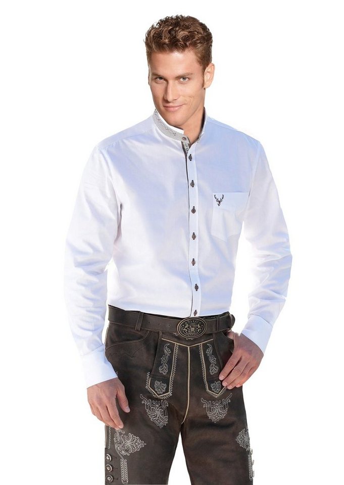 Moschen-Bayern Trachtenhemd Trachtenhemd Herren SLIM FIT Stehkragen Hirsch Langarm Weiß-Braun von Moschen-Bayern