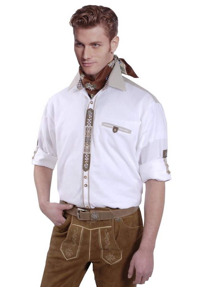 Moschen-Bayern Trachtenhemd Trachtenhemd Herren Stickerei Edelweiß Wiesn-Hemd zur Lederhose - Herrenhemd Langarm + Kurzarm Krempelarm Weiß-Beige von Moschen-Bayern