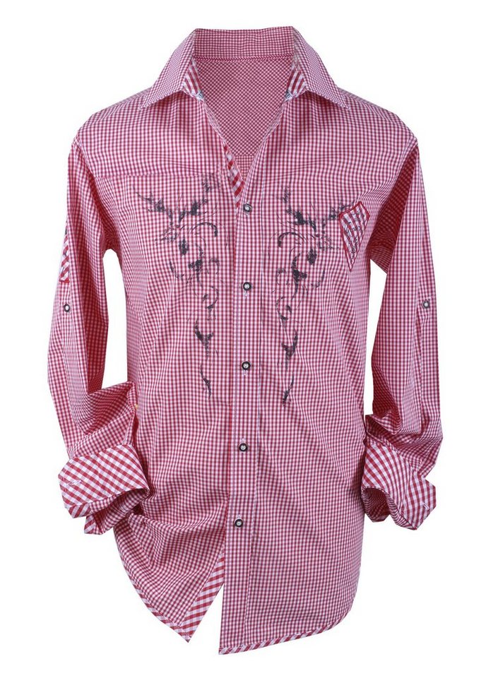 Moschen-Bayern Trachtenhemd Trachtenhemd Herren Edelweiß kariert Karo Hirsch Langarm Kurzarm Rot von Moschen-Bayern