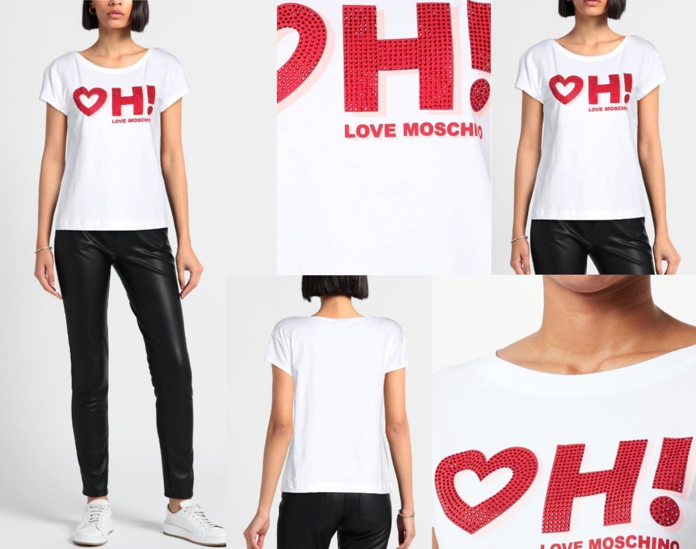 Moschino T-Shirt MOSCHINO LOVE Bluse Heart OH! Shirt T-shirt Boxy Fit Rhinestones Stras von Moschino