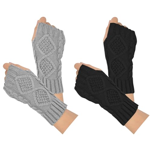 Fingerlose Handschuhe Damen 2 Paar, Moseem Handschuhe ohne Finger Winterhandschuhe, Klassische Strick Halb Handschuhe Armstulpen für Damen und Mädchen(Schwarz+Hellgrau) von Moseem