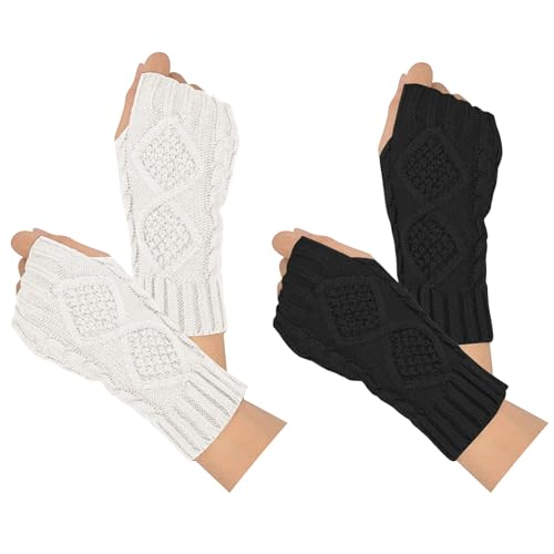 Fingerlose Handschuhe Damen 2 Paar, Moseem Handschuhe ohne Finger Winterhandschuhe, Klassische Strick Halb Handschuhe Armstulpen für Damen und Mädchen(Schwarz+Weiß) von Moseem