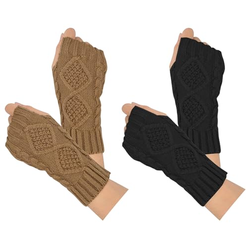 Fingerlose Handschuhe Damen 2 Paar, Moseem Handschuhe ohne Finger Winterhandschuhe, Klassische Strick Halb Handschuhe Armstulpen für Damen und Mädchen(Schwarz + Khaki) von Moseem