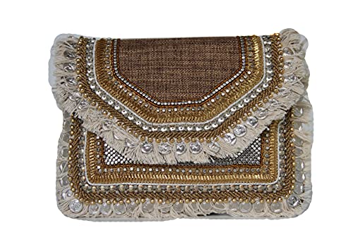 MOSELLE | Damen Clutch mit Fransen, Handtasche mit Perlen und Münzen, Modische Umhängetasche mit Metallkette | Braun von MOSELLE