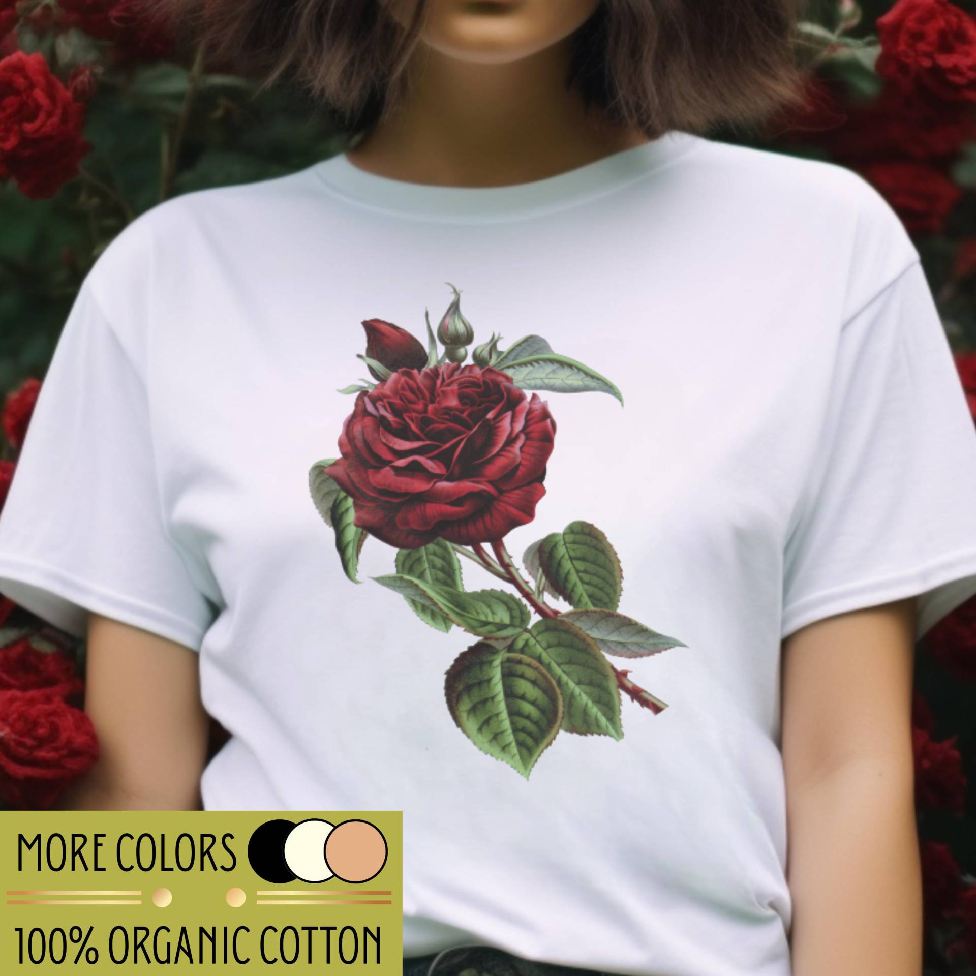 Red Rose Dark Organic Cotton 100% Shirt Woman, Nature, Botanic, Retro, Illustration, Romantic, Gothic, Dark Academia, Book Lover, Burgundy von MoselleArtBoutique