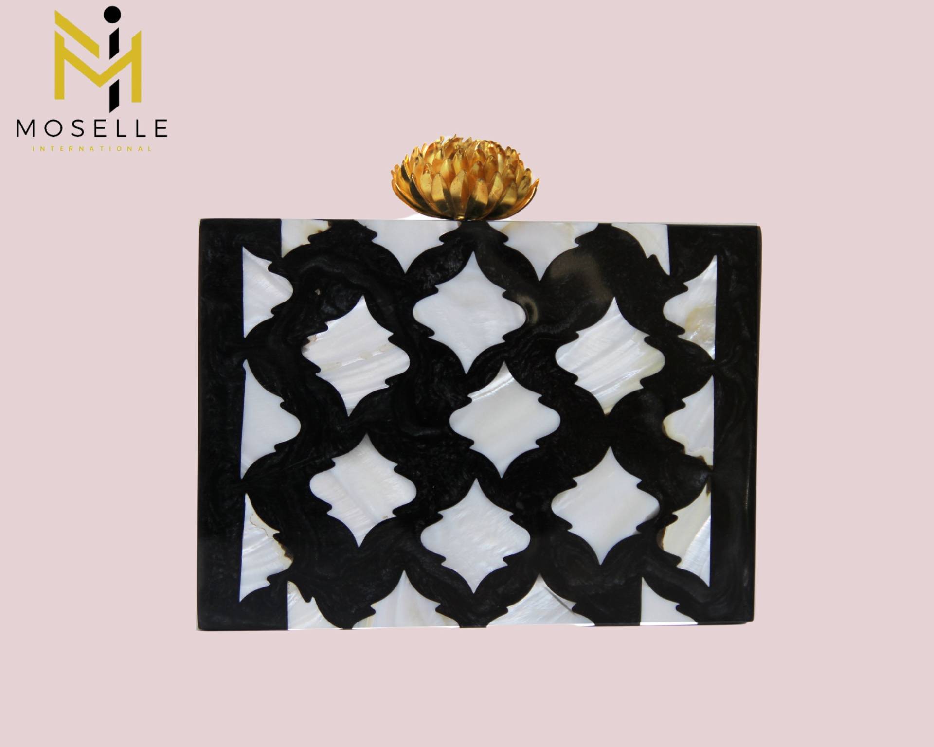 Moselle Beauty Accessories Handtasche Aus Kunstharz Mit Perlmutteinlage, Schwarz-Weiß Karierte Geldbörse, Kunstharz-Clutch Für Damen von MoselleVonDipali