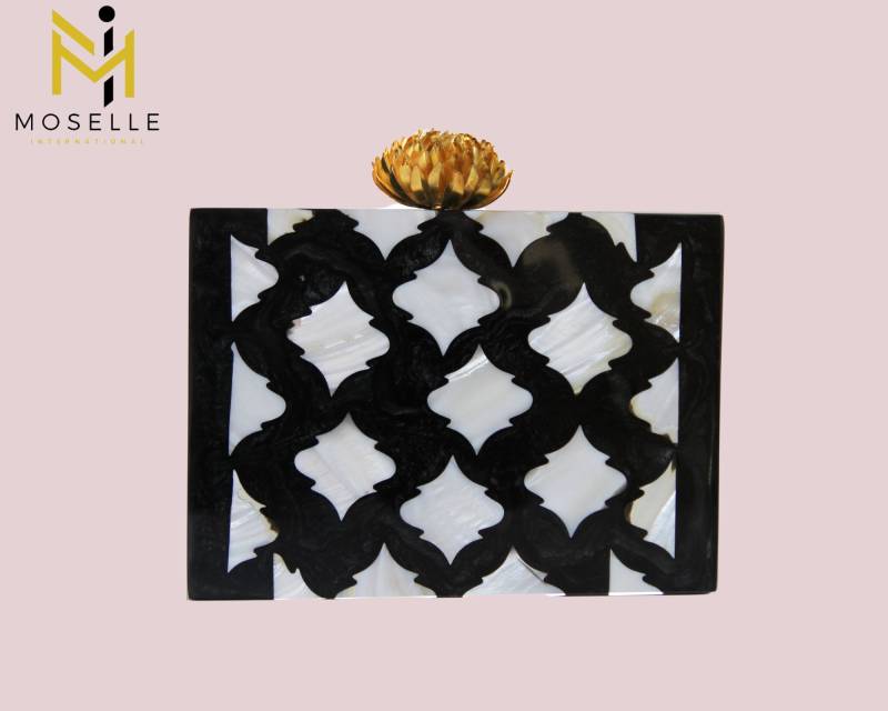 Moselle Beauty Accessories Handtasche Aus Kunstharz Mit Perlmutteinlage, Schwarz-Weiß Karierte Geldbörse, Kunstharz-Clutch Für Damen von MoselleVonDipali