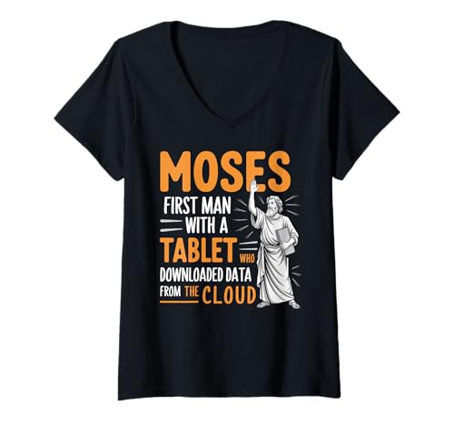 Damen Lustiger christlicher Bibelwitz Moses First Cloud Download Tech T-Shirt mit V-Ausschnitt Damen Lustiger christlicher Bibelwitz Moses First Cloud Download Tech T-Shirt mit V-Ausschnitt von Moses Tablet and Cloud Pun Religious Nerd Apparel