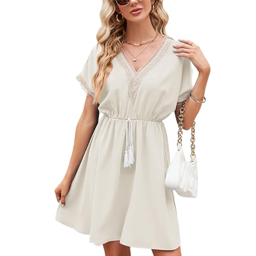 Mosestons Damen Sommerkleid Kurzarm V-Ausschnitt Kleider Freizeitkleid Elastische Taille Einfarbig Shortkleid von Mosestons