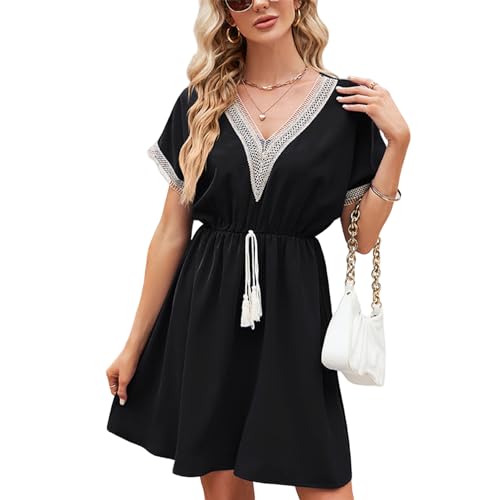 Mosestons Damen Sommerkleid Kurzarm V-Ausschnitt Kleider Freizeitkleid Elastische Taille Einfarbig Shortkleid von Mosestons