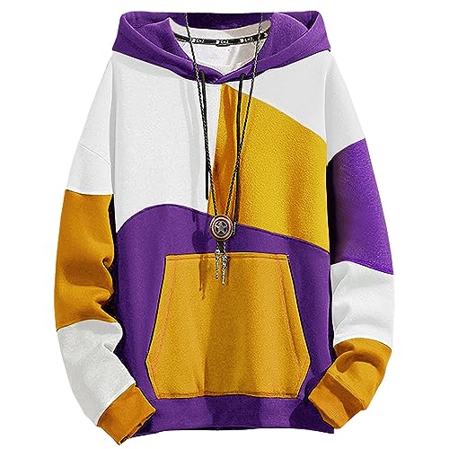 Moshtashio Hoodies für Herren Farbblock Hoodie mit Design Hip Hop Bunter Kapuzenpullover Neuheit Sweatshirt, 1 lila+gelb, 5X-Large von Moshtashio