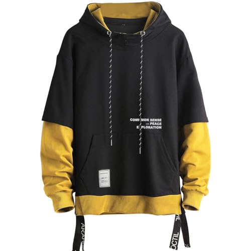 Moshtashio Kapuzenpullover für Herren, Patchwork Hoodie mit Kontrastfarbe Langarm Basic Sweatshirt Pullover mit Kapuze(Gelb,L) von Moshtashio