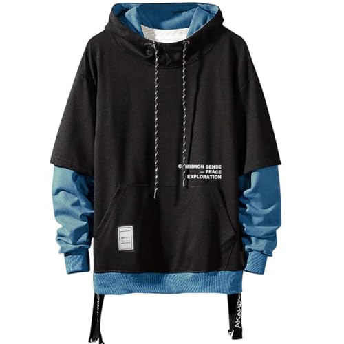 Moshtashio Kapuzenpullover für Herren, Patchwork Hoodie mit Kontrastfarbe Langarm Basic Sweatshirt Pullover mit Kapuze(1 Schwarz blau,M) von Moshtashio