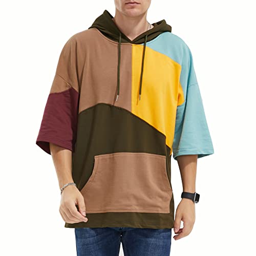 T-Shirt Herren Kapuzenpullover Sweatshirt Baumwolle Kurzarm mit Kapuze Patchwork Pullover mit Kontrastfarbe Unisex Frühling Sommer Herbst (Khaki,M) von Moshtashio