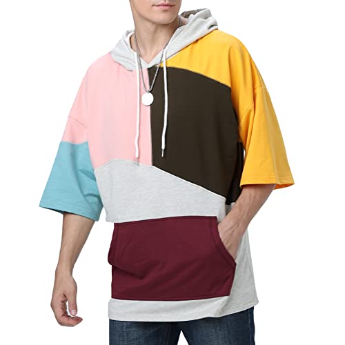 T-Shirt Herren Kapuzenpullover Sweatshirt Baumwolle Kurzarm mit Kapuze Patchwork Pullover mit Kontrastfarbe Unisex Frühling Sommer Herbst (Rosa,3XL) von Moshtashio