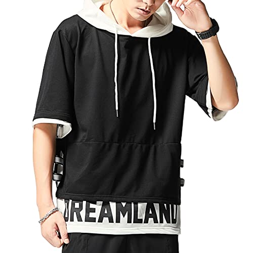 Moshtashio T-Shirt Herren Kapuzenpullover Sweatshirt Baumwolle Kurzarm mit Kapuze Patchwork Pullover mit Kontrastfarbe Unisex Frühling Sommer Herbst von Moshtashio