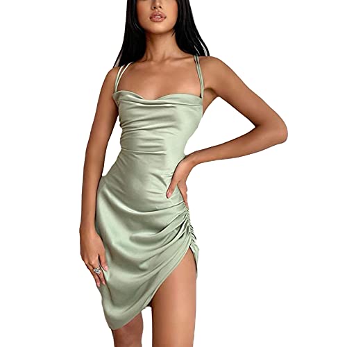 Damen Sexy Riemen Kleid Rüschen Satin Seite Kordelzug Mini Cami Dress (#Lace-up Hellgrün, M) von Mosiolya