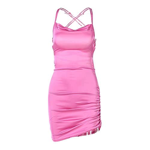 Damen Sexy Riemen Kleid Rüschen Satin Seite Kordelzug Mini Cami Dress (#Lace-up Rosa Red, L) von Mosiolya