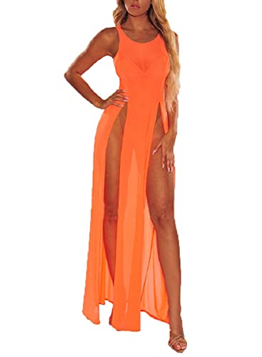 Damen Strandkleid Sexy Perspektive Mesh Bikini Cover Up Sommer Bademode Ärmellos Split Long Dress (Orange, Large) von Mosiolya