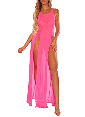 Damen Strandkleid Sexy Perspektive Mesh Bikini Cover Up Sommer Bademode Ärmellos Split Long Dress (Rosenrot, Large) von Mosiolya