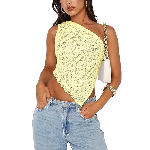 Frauen Y2K Spitze Camisole ärmellos eine Schulter rückenfrei binden Tank Tops Sexy durchsichtig Mesh Floral Cami Shirts, A-gelb Eine Schulter, Small von Mosiolya