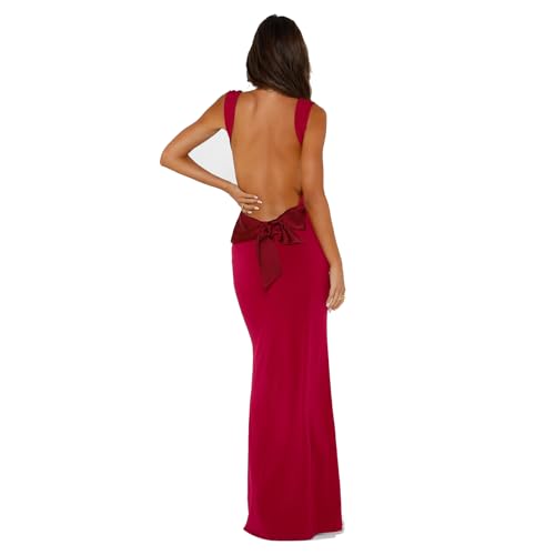 Mosiolya Damen Sexy Rückenfrei Formell Kleid Lang Kleid Elegant Satin Ärmellos Bogen Bodycon Kleid für Cocktail Party (A-Rose Red, M) von Mosiolya