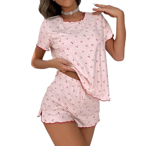 Mosiolya Lässige 2-teilige Homewear mit süßem fröhlichem Druck Niedlich Rüschen Saum Kurzarm Tops Elasitic Taille Shorts Outfits, A-rosa Kirsche, 36 von Mosiolya