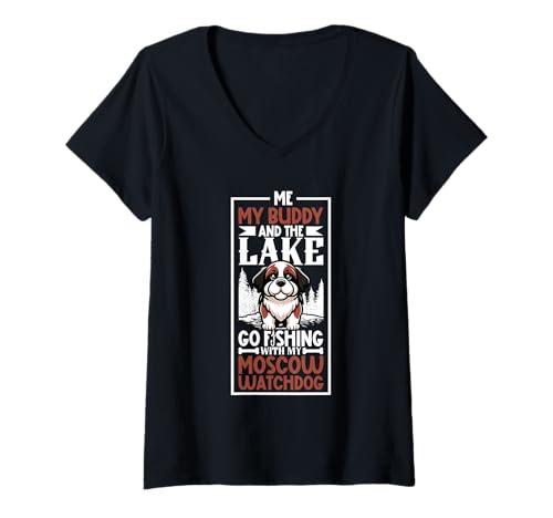 Damen Angeln und Moskauer Wachhund T-Shirt mit V-Ausschnitt von Moskauer Wachhund Designs