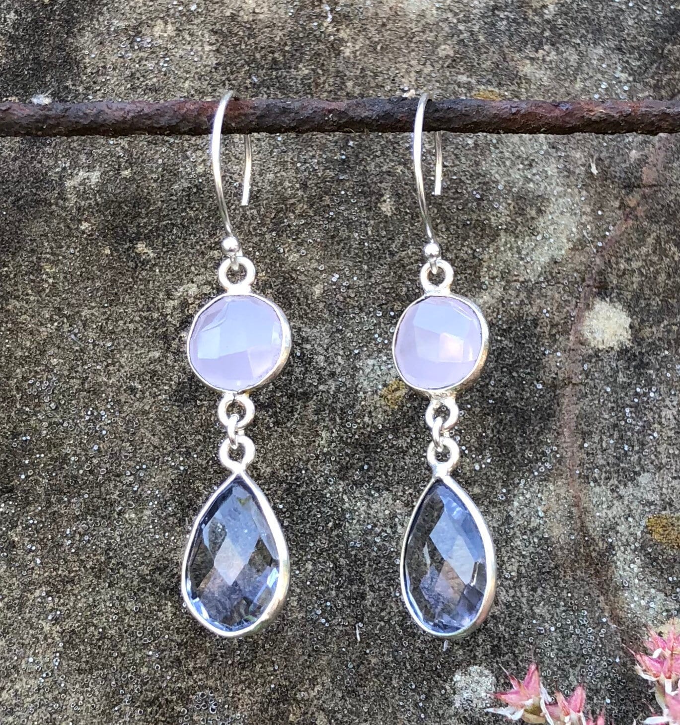 Edelstein Ohrringe, Sterling Silber Rosenquarz Tropfen Quarz Lila Ohrringe von MossberryandStone