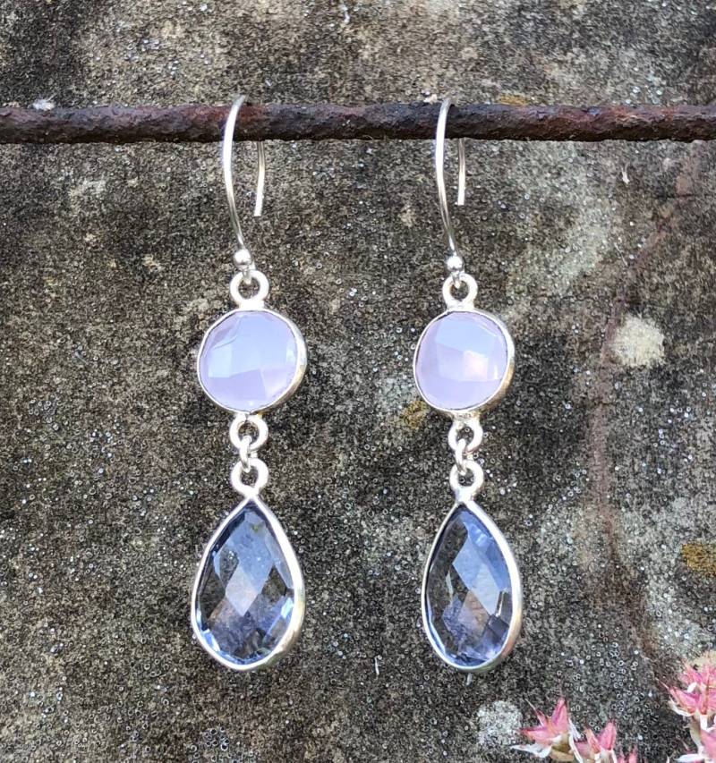 Edelstein Ohrringe, Sterling Silber Rosenquarz Tropfen Quarz Lila Ohrringe von MossberryandStone
