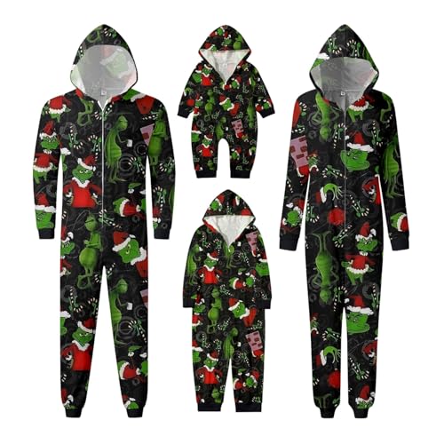 Mosstars Weihnachten Grinch Schlafanzug Familie Pyjama Set Pyjama Couple Weihnachtspyjama Familie Set Schlafanzug Lang Outfit Winter Einteiler Onesie Weihnachtsoutfit Pyjama Jumpsuit mit Kapuze von Mosstars