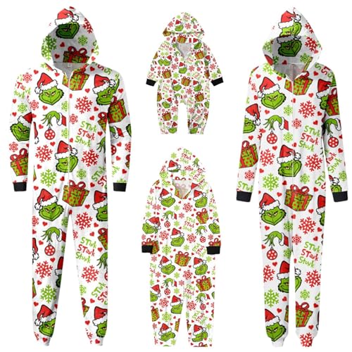 Mosstars Weihnachten Grinch Schlafanzug Familie Pyjama Set Pyjama Couple Weihnachtspyjama Familie Set Schlafanzug Lang Outfit Winter Einteiler Onesie Weihnachtsoutfit Pyjama mit Kapuze von Mosstars