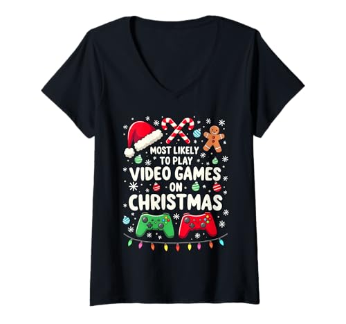 Damen Lustiger Gamer spielt am wahrscheinlichsten Videospiele an Weihnachten T-Shirt mit V-Ausschnitt Damen Lustiger Gamer spielt am wahrscheinlichsten Videospiele an Weihnachten T-Shirt mit V-Ausschnitt von Most Likely To Christmas Matching Family Pajamas